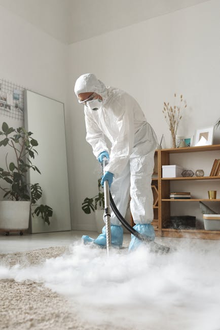 A professional cleaning specialist from Carpet Cleaning Kentish Town is performing deep carpet cleaning in a modern living room. The worker is dressed in full protective gear, including a white coverall, mask, and gloves, using a portable steam cleaning machine that emits steam or vapour onto the beige carpet. The room features a white wall, a wooden shelving unit with decorative items, and a large potted plant. Natural light illuminates the space, highlighting the freshly extracted moisture and foam from the carpet surface, indicating an intensive sanitisation process. Visible cleaning equipment and the pristine, wet carpet surface suggest thorough surface cleaning and deep cleaning aimed at removing dirt and stains, ensuring hygienic and spotless conditions. Carpet Cleaning Kentish Town specializes in professional domestic cleaning and surface sanitation, as demonstrated by this detailed carpet cleaning procedure.