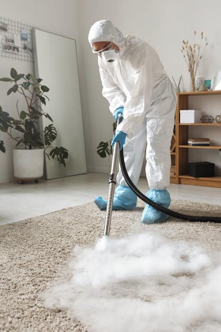 A person using a vacuum cleaner with a flexible hose attachment on a patterned, cream-colored carpet in a room with warm lighting. The carpet features intricate floral designs in shades of green, pink, and beige. The individual, wearing beige shoes, blue jeans, and a light-colored jacket, is performing deep cleaning or surface sanitisation as part of a domestic cleaning process. The yellow vacuum cleaner, of compact design, is positioned on the carpet nearby, connected to the hose. The scene emphasizes the thorough cleaning of the area by Carpet Cleaning Kentish Town, showcasing professional surface cleaning practices within a residential setting.